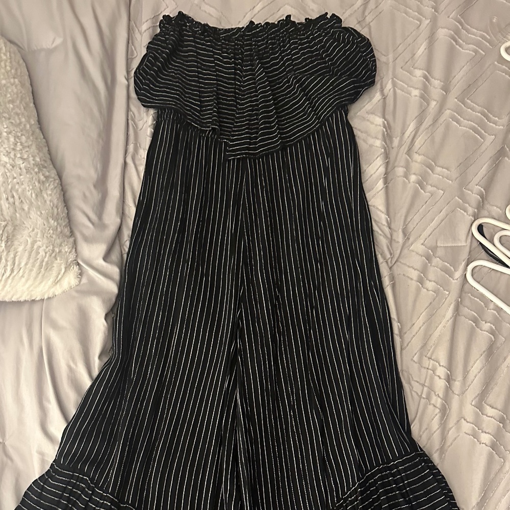 Black/White Striped Strapless Jumpsuit